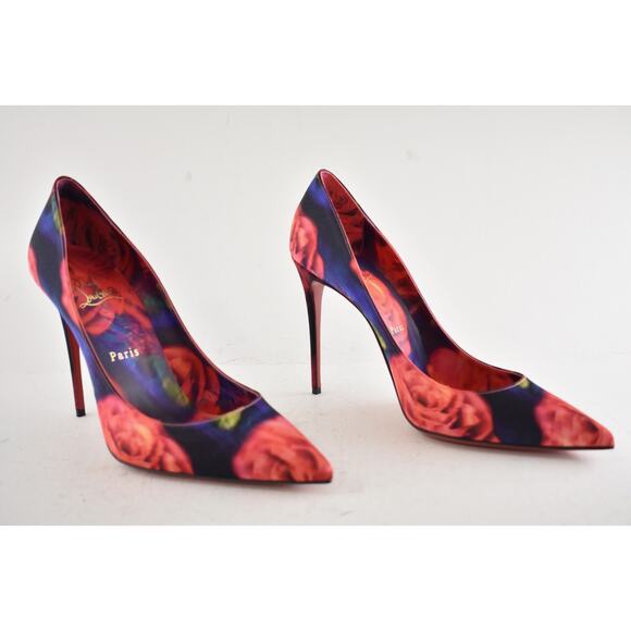 Christian Louboutin Kate 100 Crepe Satin Roses Red Blue Pointed Heel Pump 39.5 - Picture 4 of 15